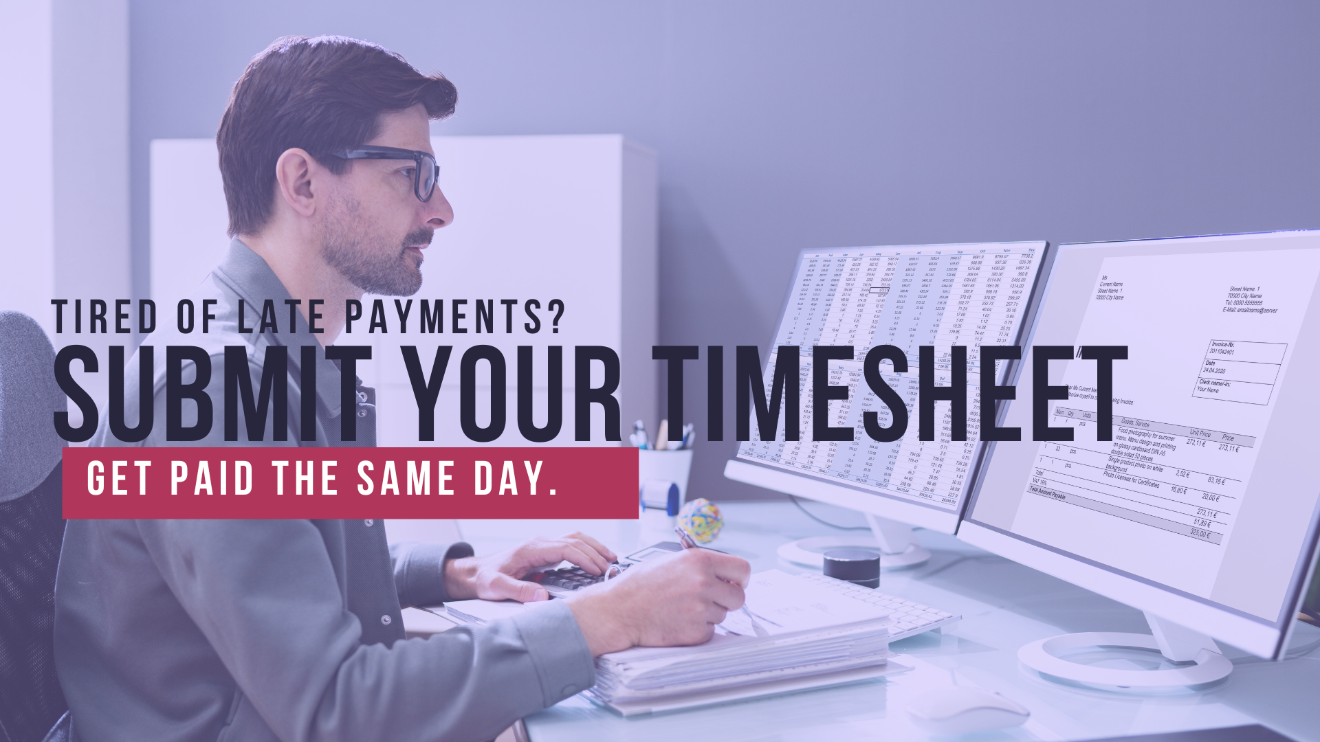 Man working on timesheet, seeking same-day pay, office setting with computers and text overlay.