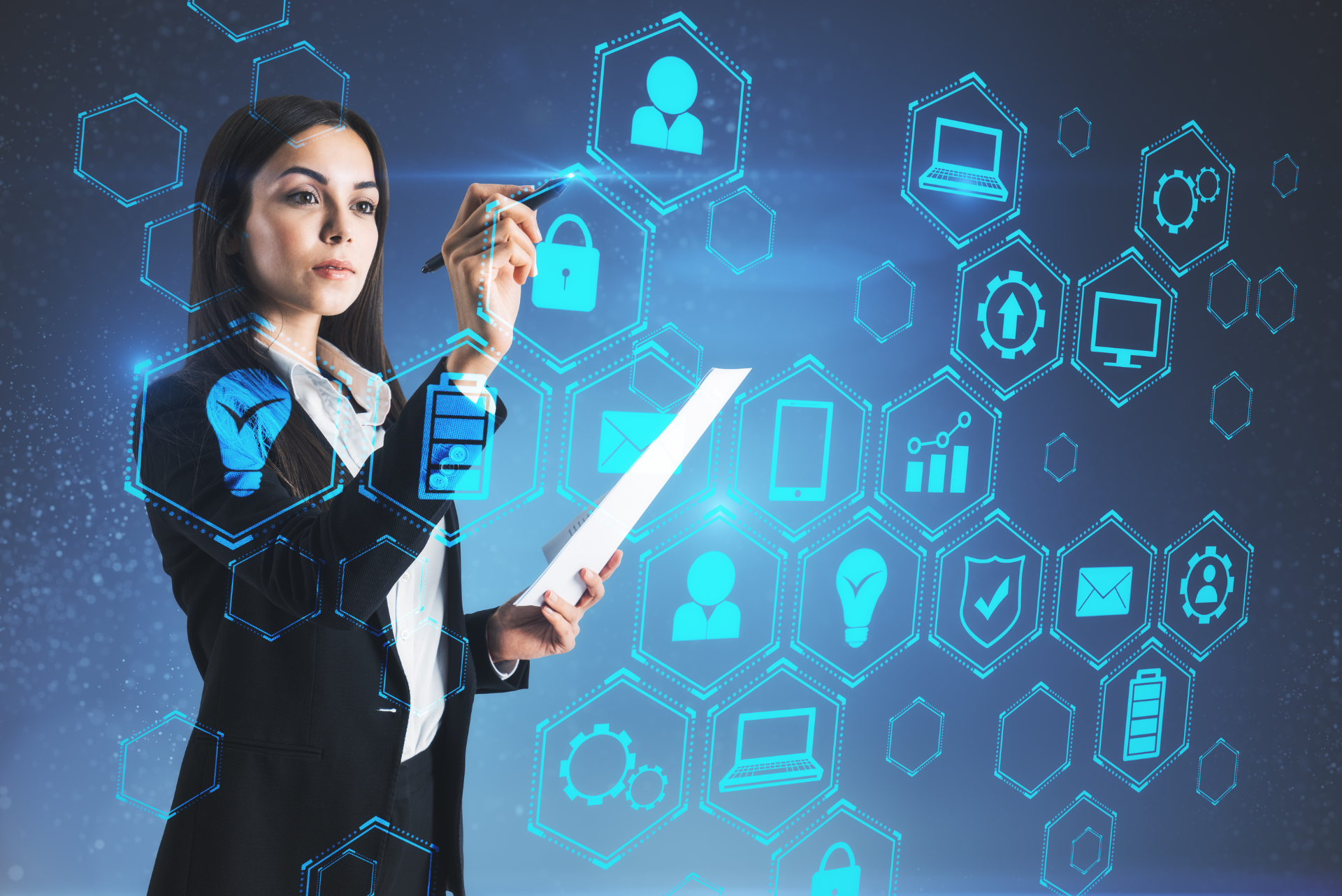 Woman in a suit drawing on a digital interface, with icons representing technology and data on a blue background.