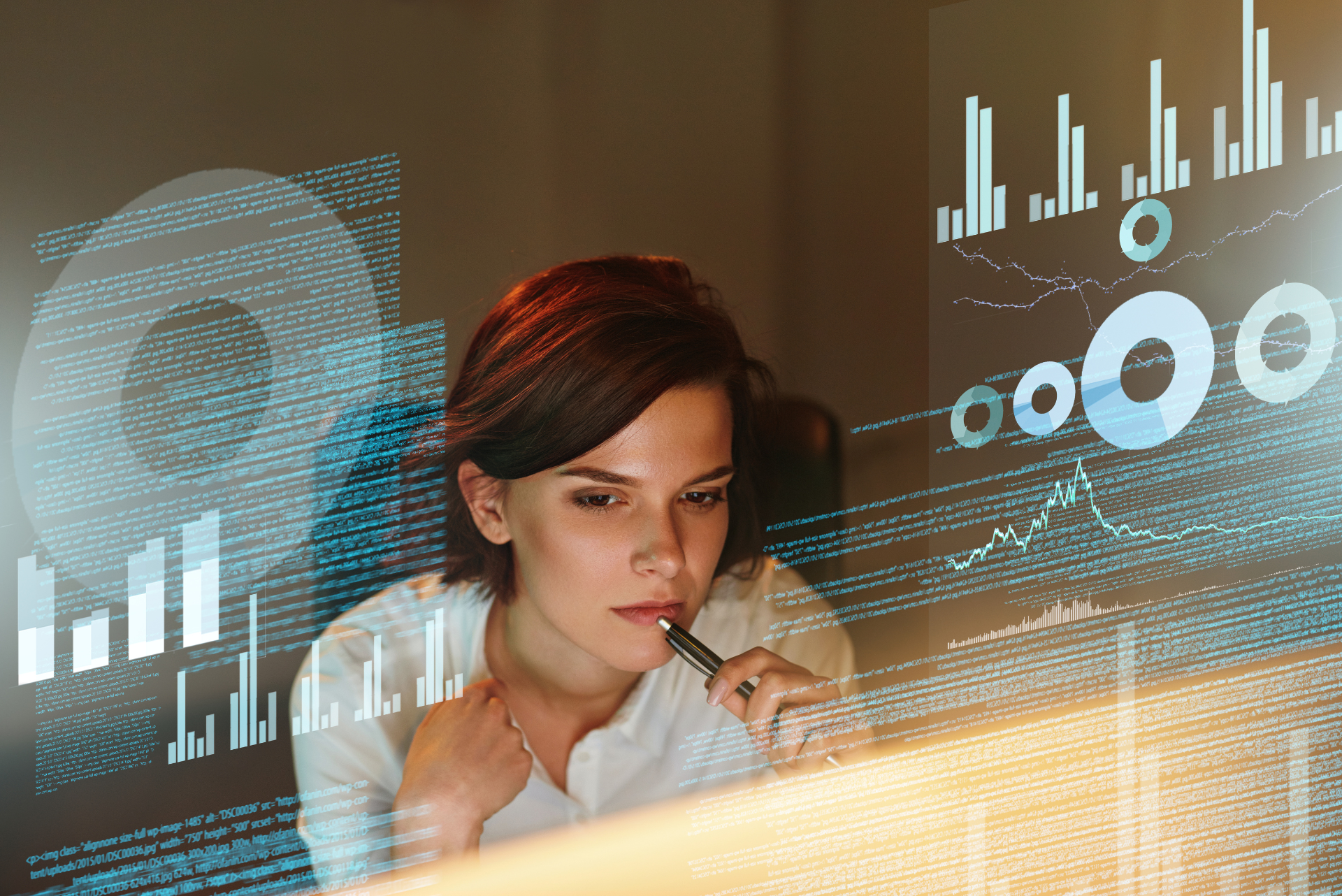 Woman analyzing data on a computer screen, contemplating with a pen, surrounded by data visualizations.