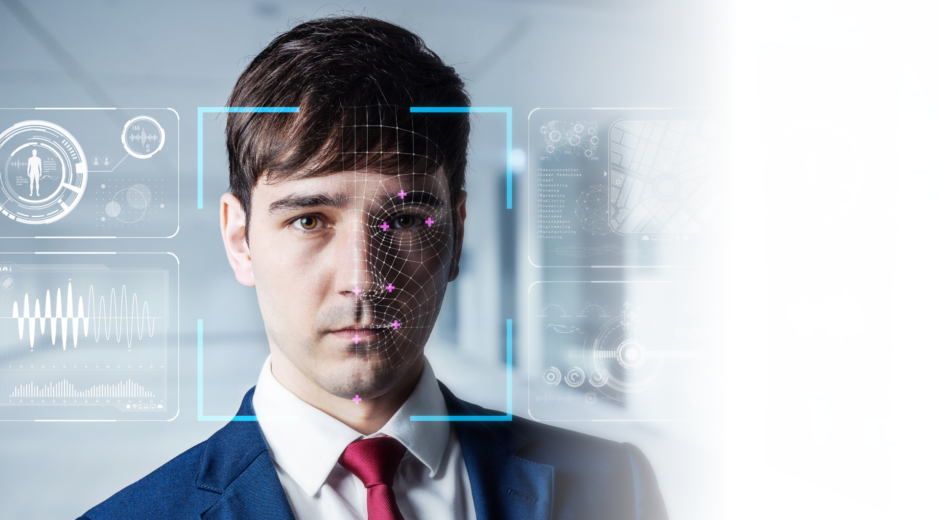 Man in suit with face scanned by facial recognition technology.