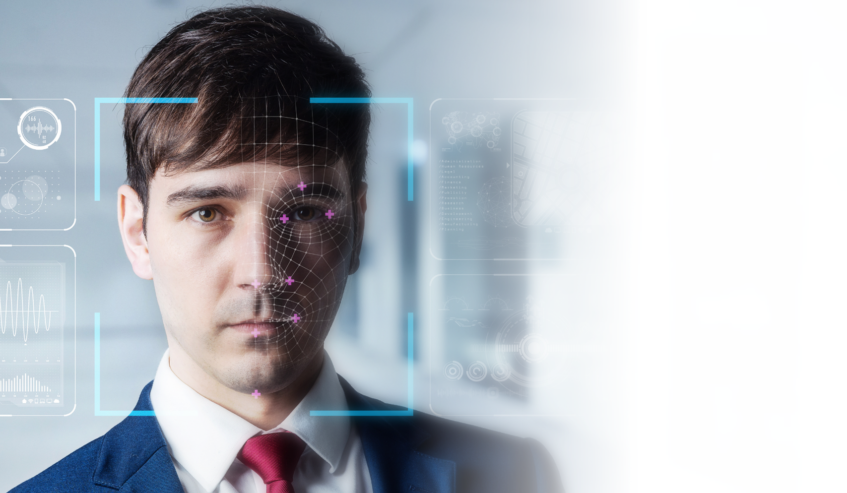 Man with face partially overlaid by digital face recognition scan.