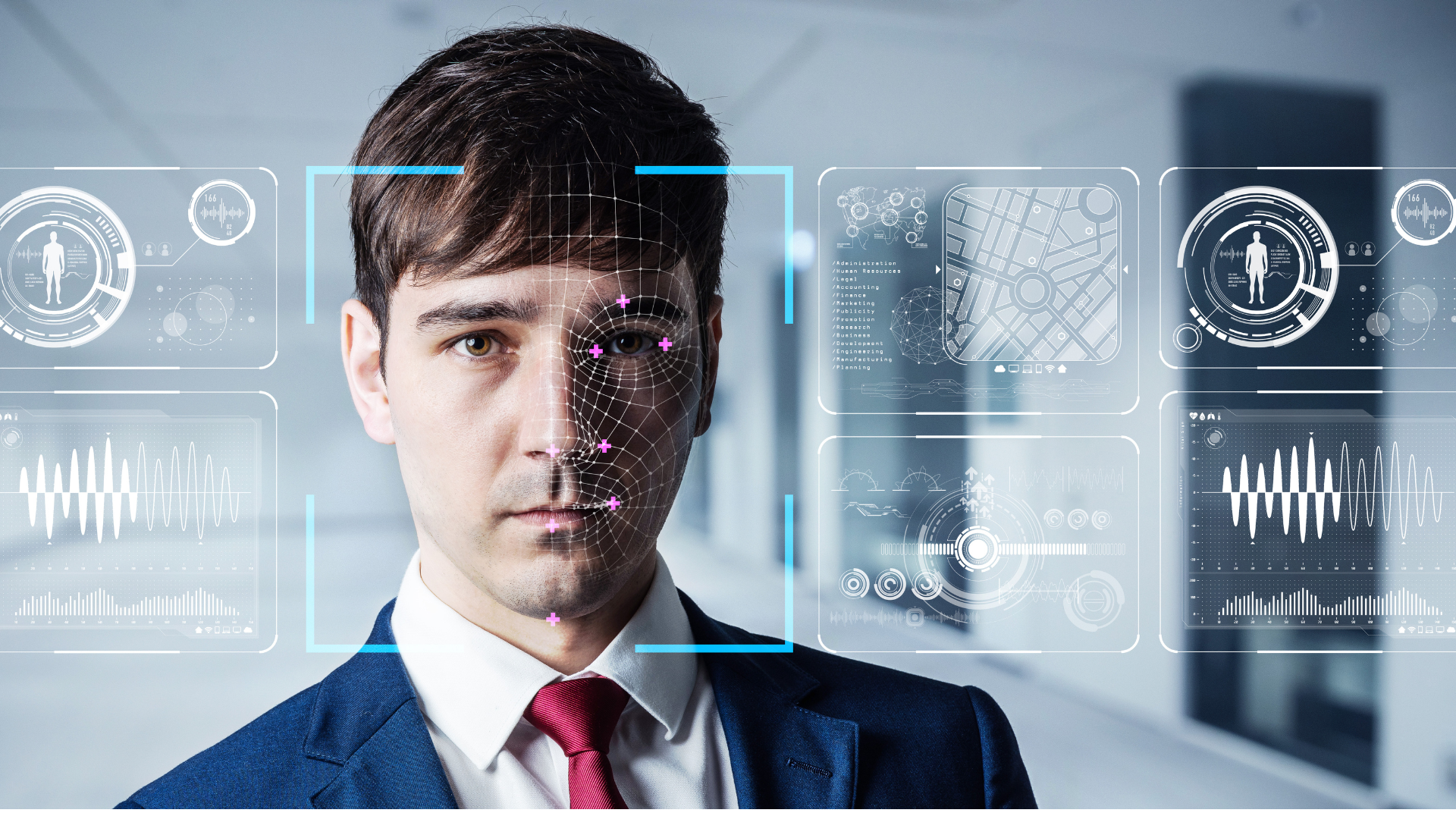 Man in a suit with facial recognition overlay, data displays, and a blurred office background.
