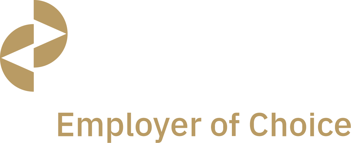 Gold logo with abstract shape and text