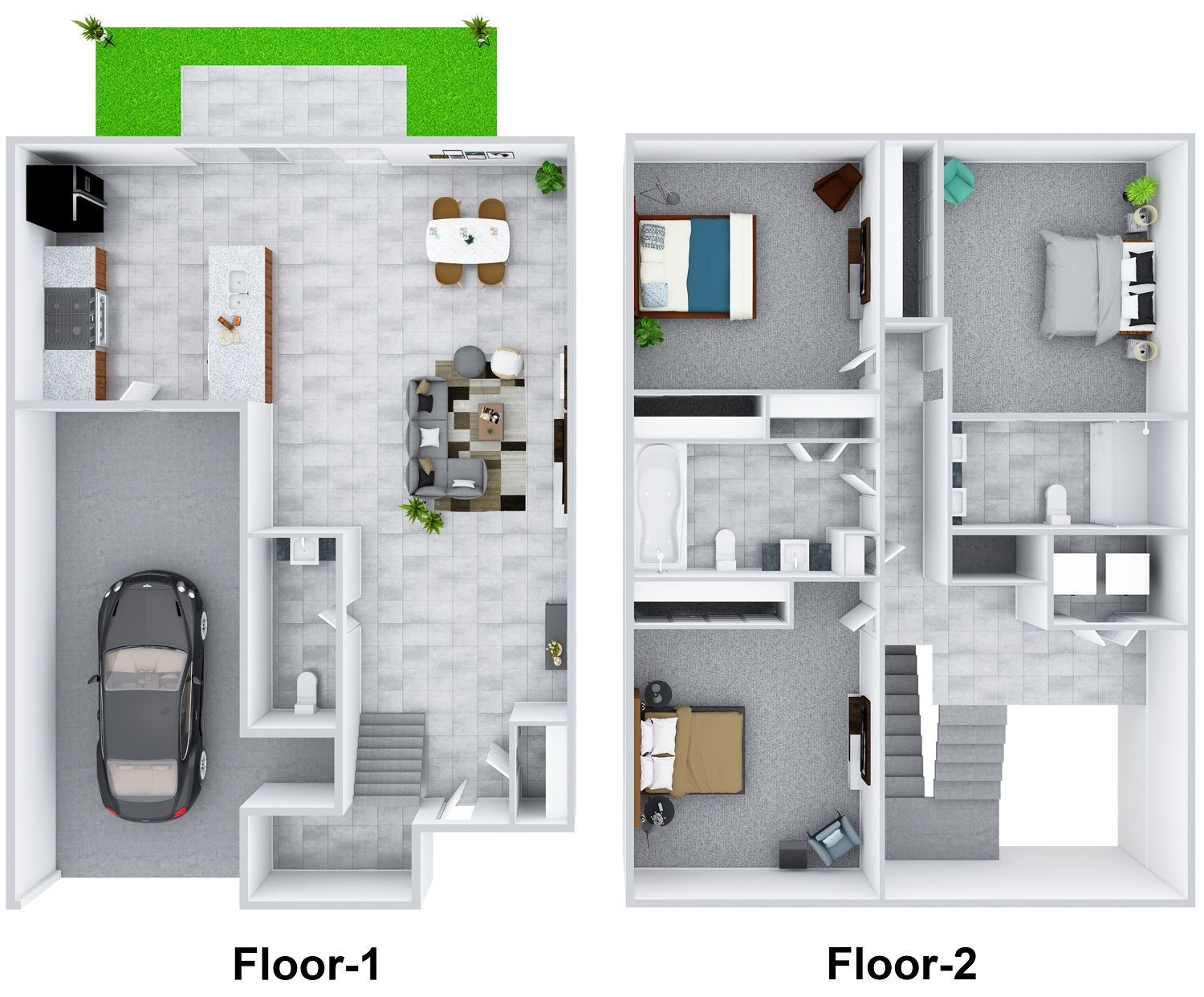 Two-floor house floor plan with garage, living room, bedrooms, and bathrooms on each level.