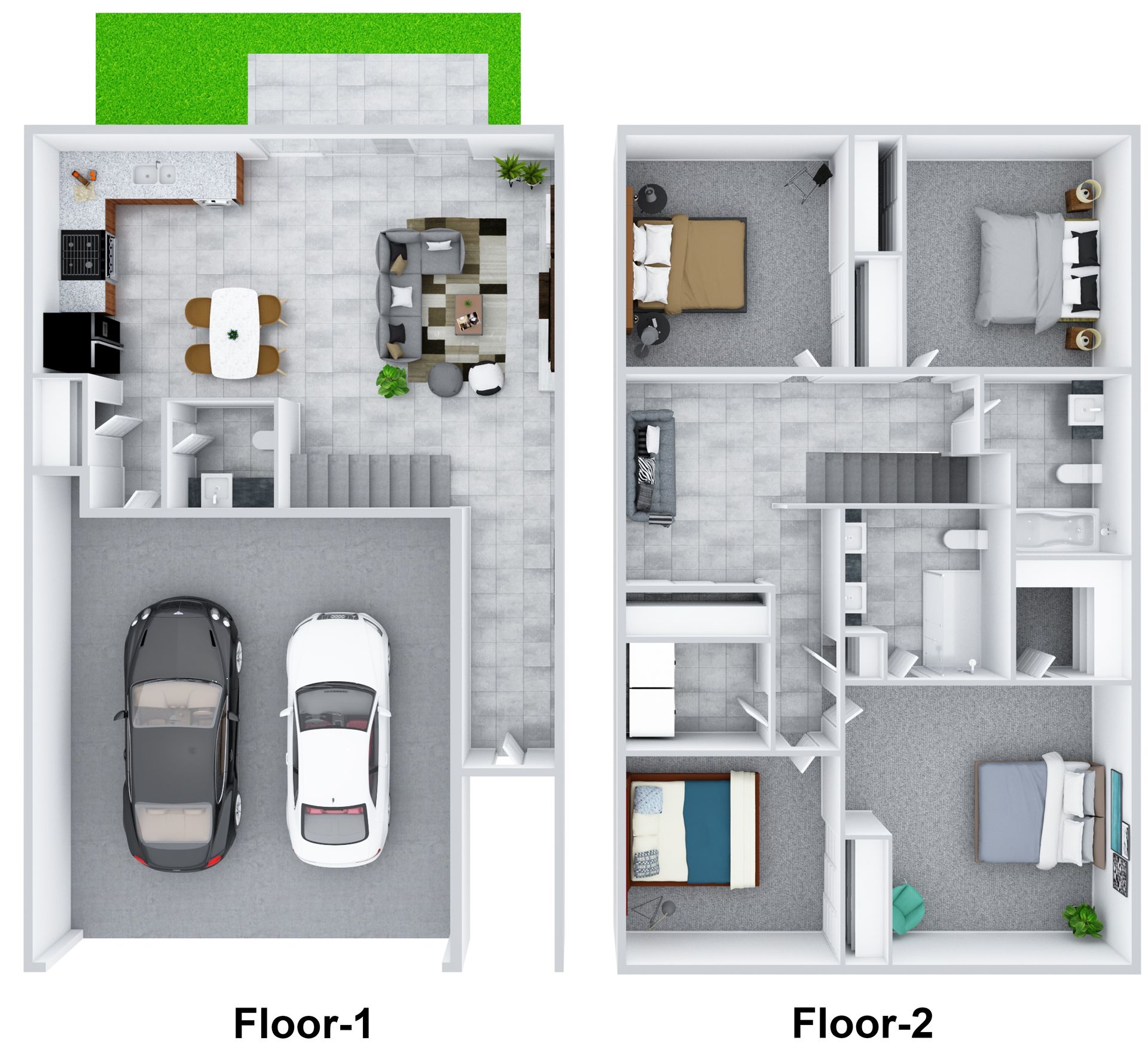 Two-story house floor plan with garage, living area, and bedrooms in gray and white.