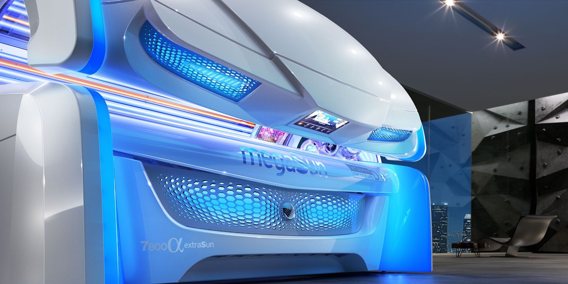 In einem Raum steht ein Solarium, das wie ein Auto aussieht.