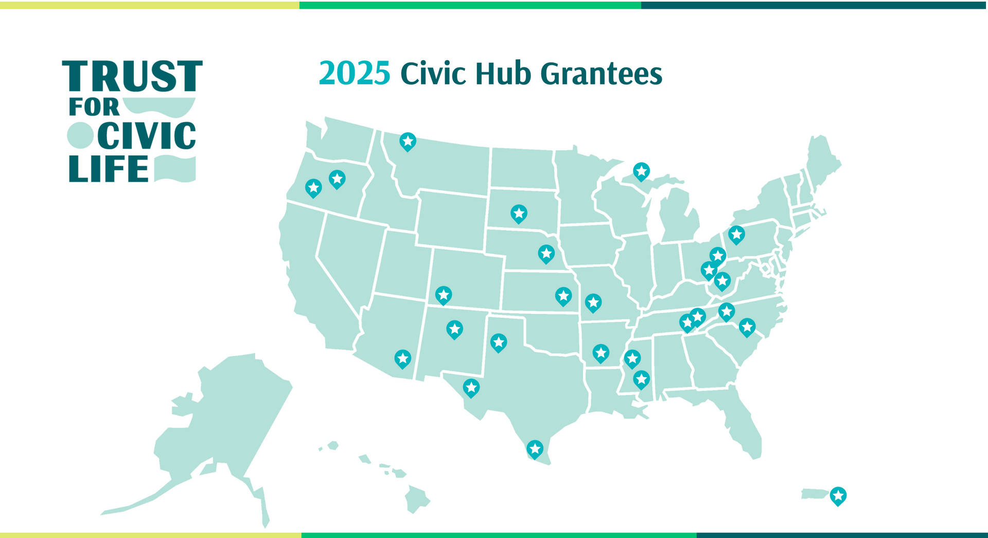 Map of the U.S. showing locations of 2025 Civic Hub Grantee cities, marked by blue icons.