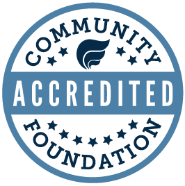 The logo for the community foundation is blue and white