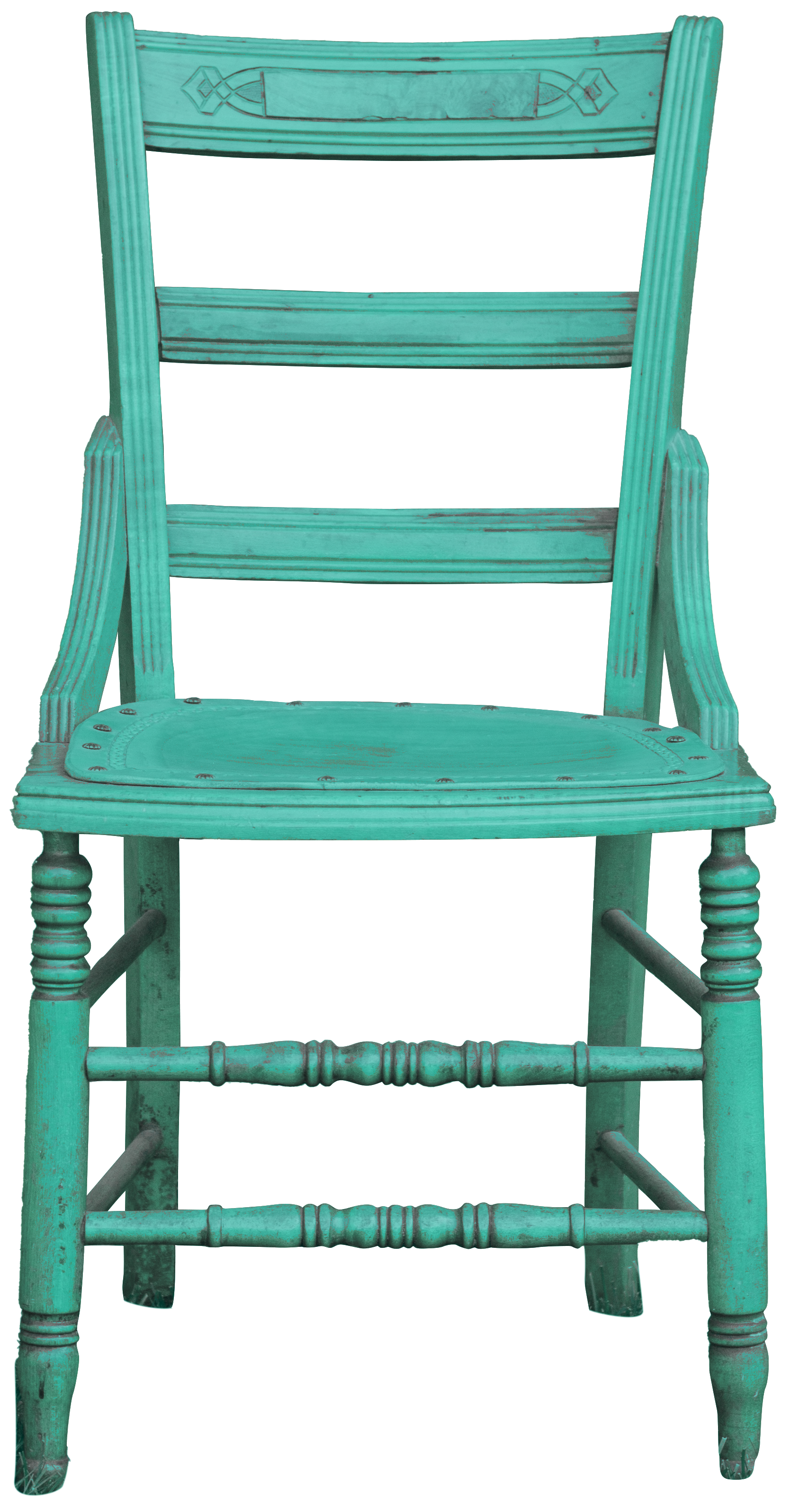 Turquoise wooden chair with carved details and a distressed finish.