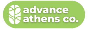 The logo for advance athens co. is green and white