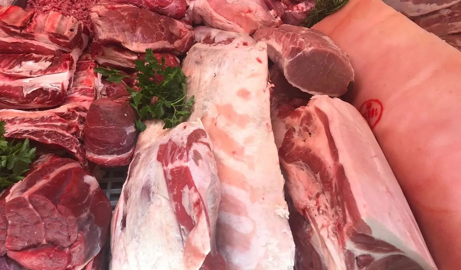 Assortimento di tagli crudi di carne rossa e costine esposti sul bancone di una macelleria con guarnizione di prezzemolo.