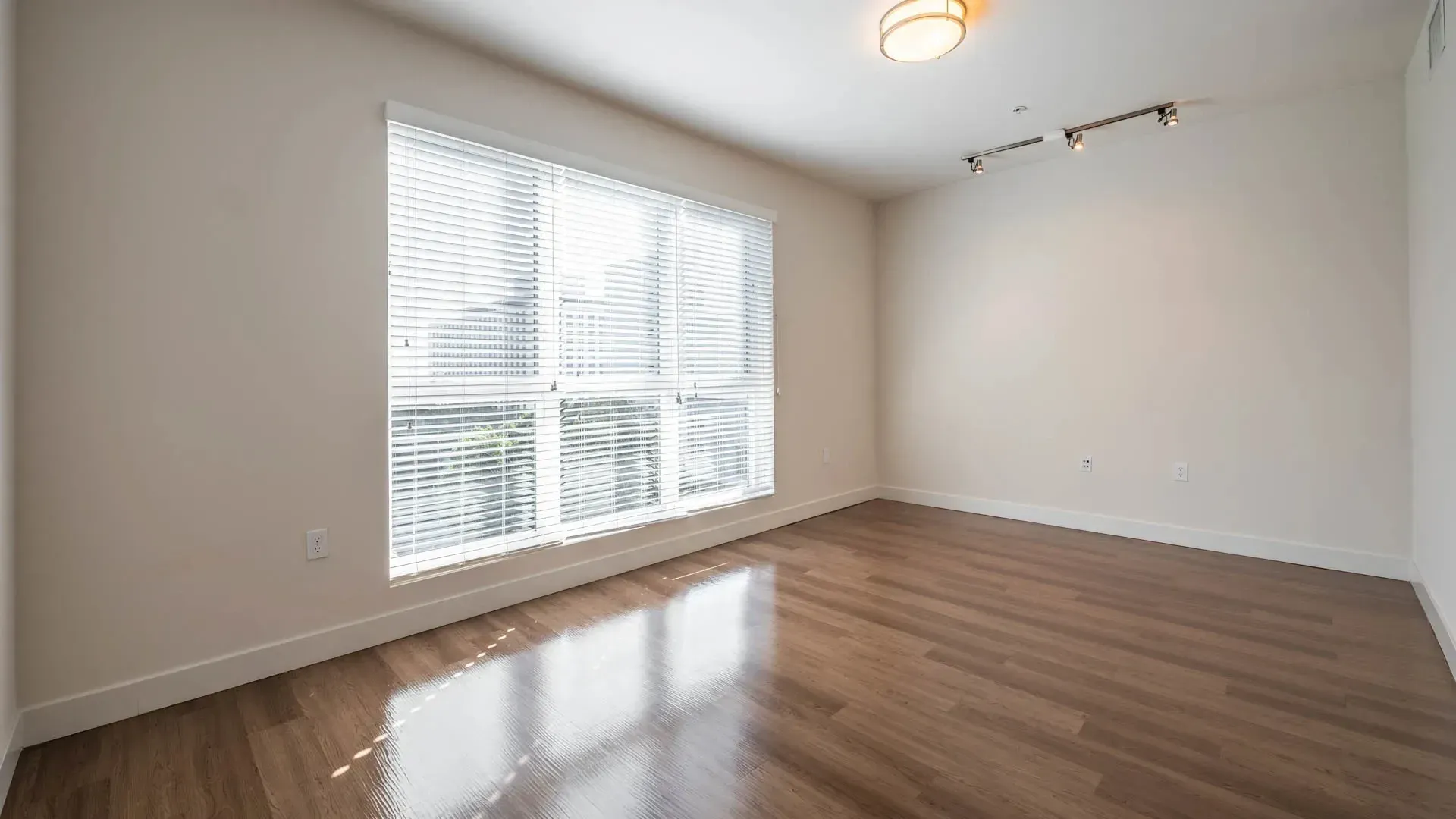 Empty room with large window and hardwood floors.