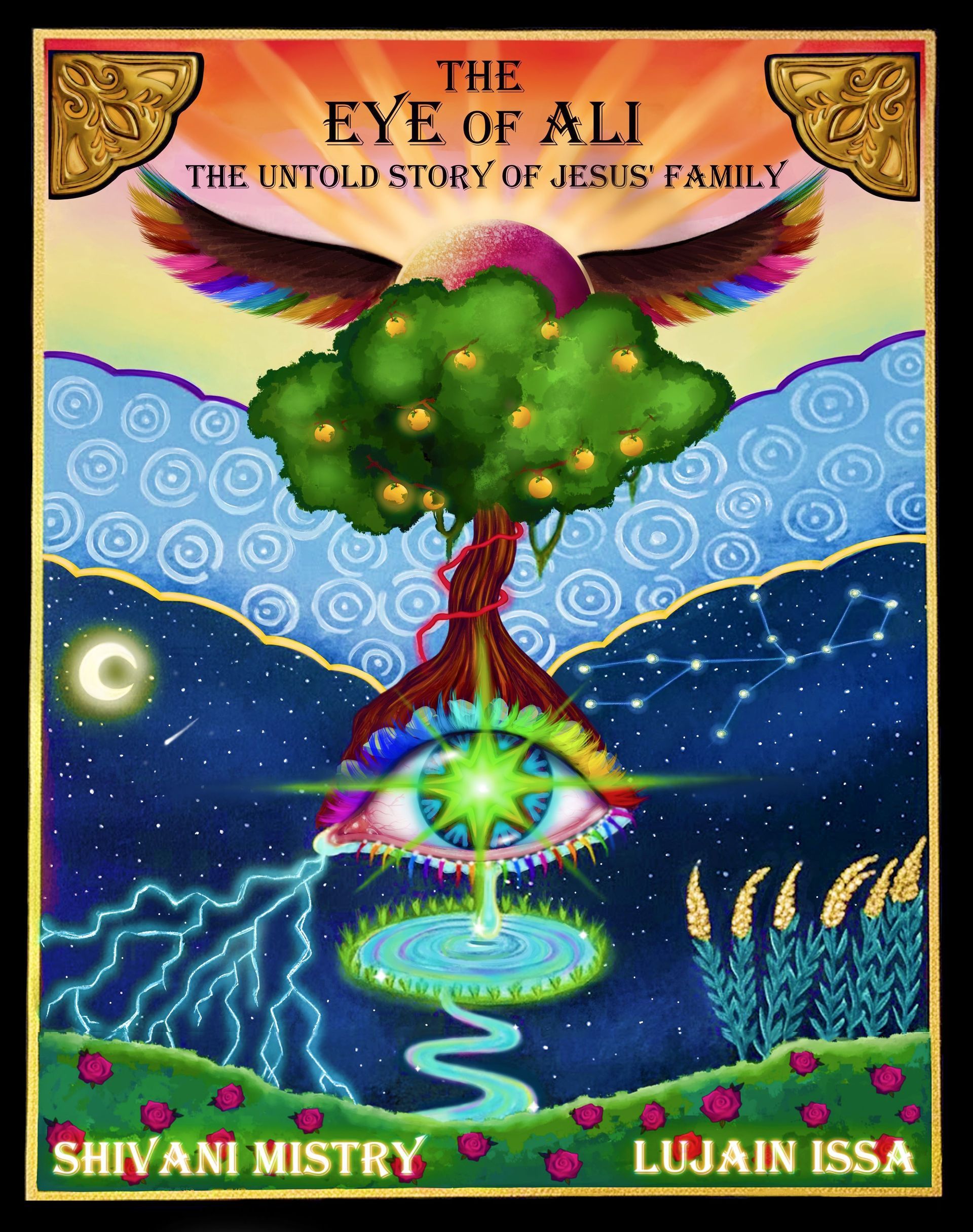 Colorful book cover with a glowing eye, tree, and starry sky; titled “The Eye of All” by Shivani Mistry and Lujain Issa