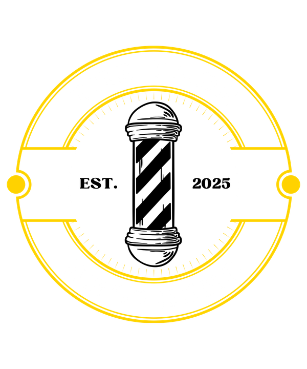 Barber shop logo with a barber pole in a yellow circular frame, 