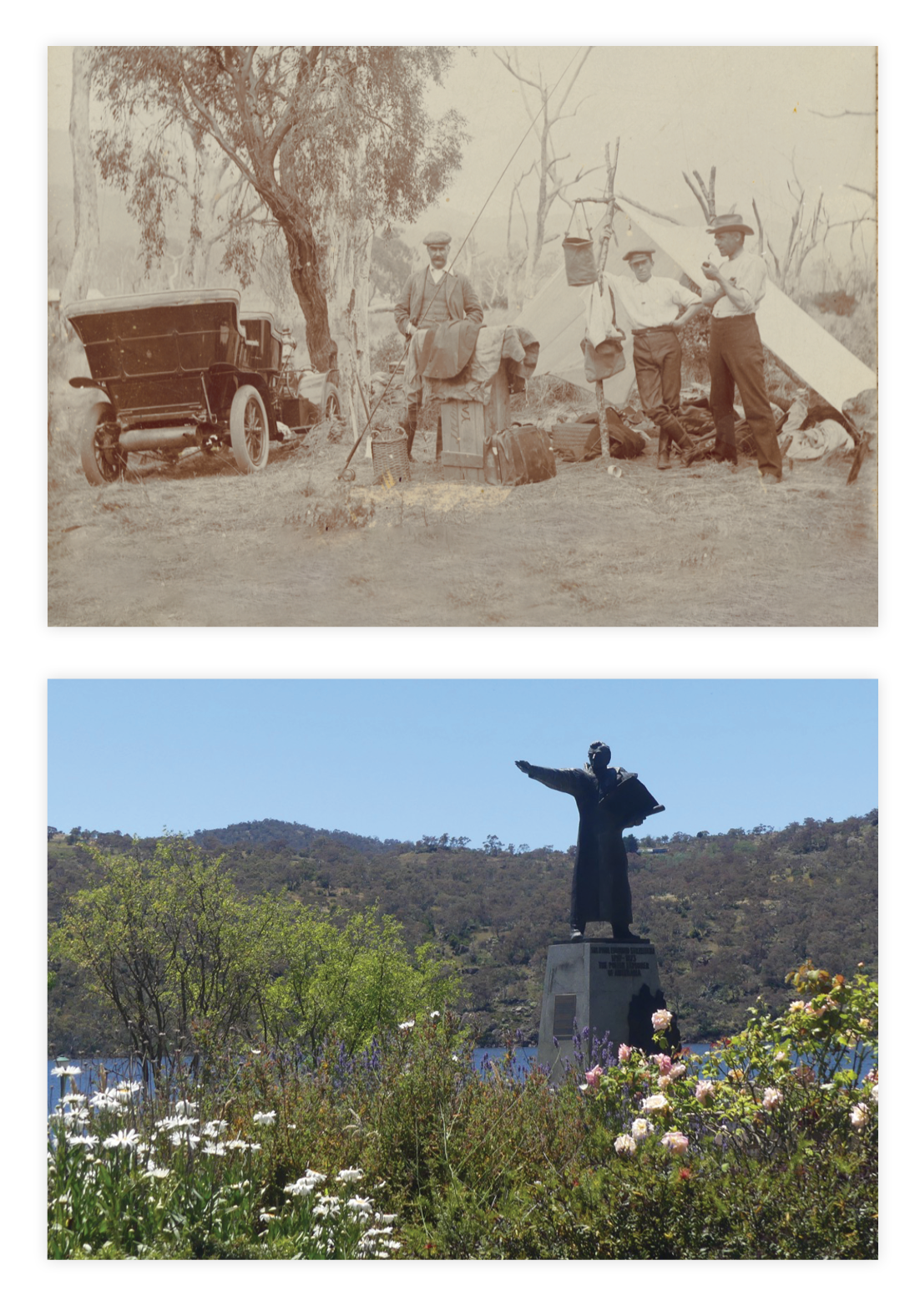 TOP: The Colonel J. M. Arnott, chauffeur and Banjo Paterson at Jindabyne, (Source the NLA Bib Id: 147168/ PIC PS4737). ABOVE: Memorial to Sir Paul Edmund Strzelecki in Banjo Paterson Park, Jindabyne TOP: The Colonel J. M. Arnott, chauffeur and Banjo Paterson at Jindabyne, (Source the NLA Bib Id: 147168/ PIC PS4737). ABOVE: Memorial to Sir Paul Edmund Strzelecki in Banjo Paterson Park, Jindabyne