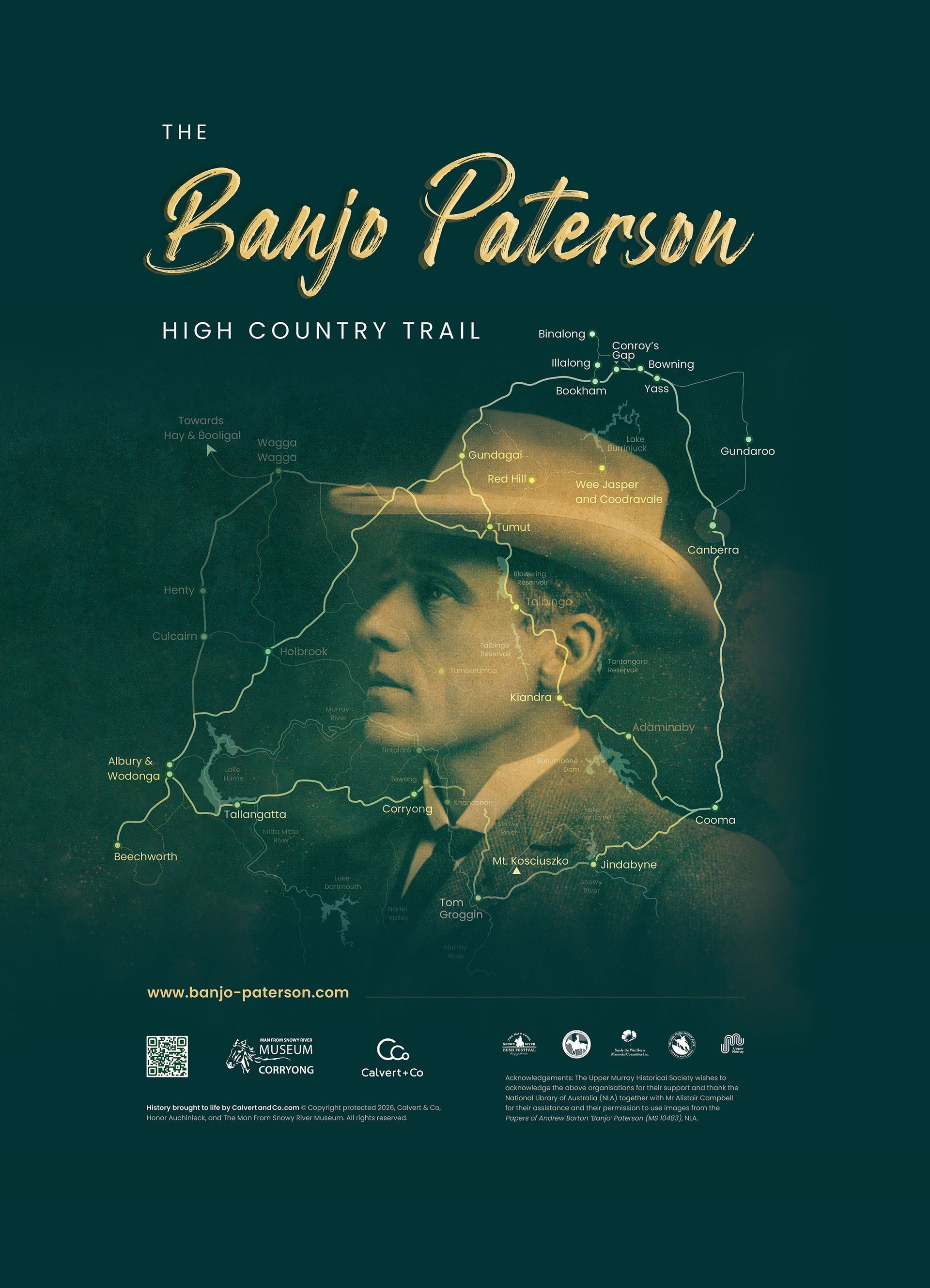 Map and poster for the Banjo Paterson High Country Trail and the man to promote the banjo-paterson.com website.