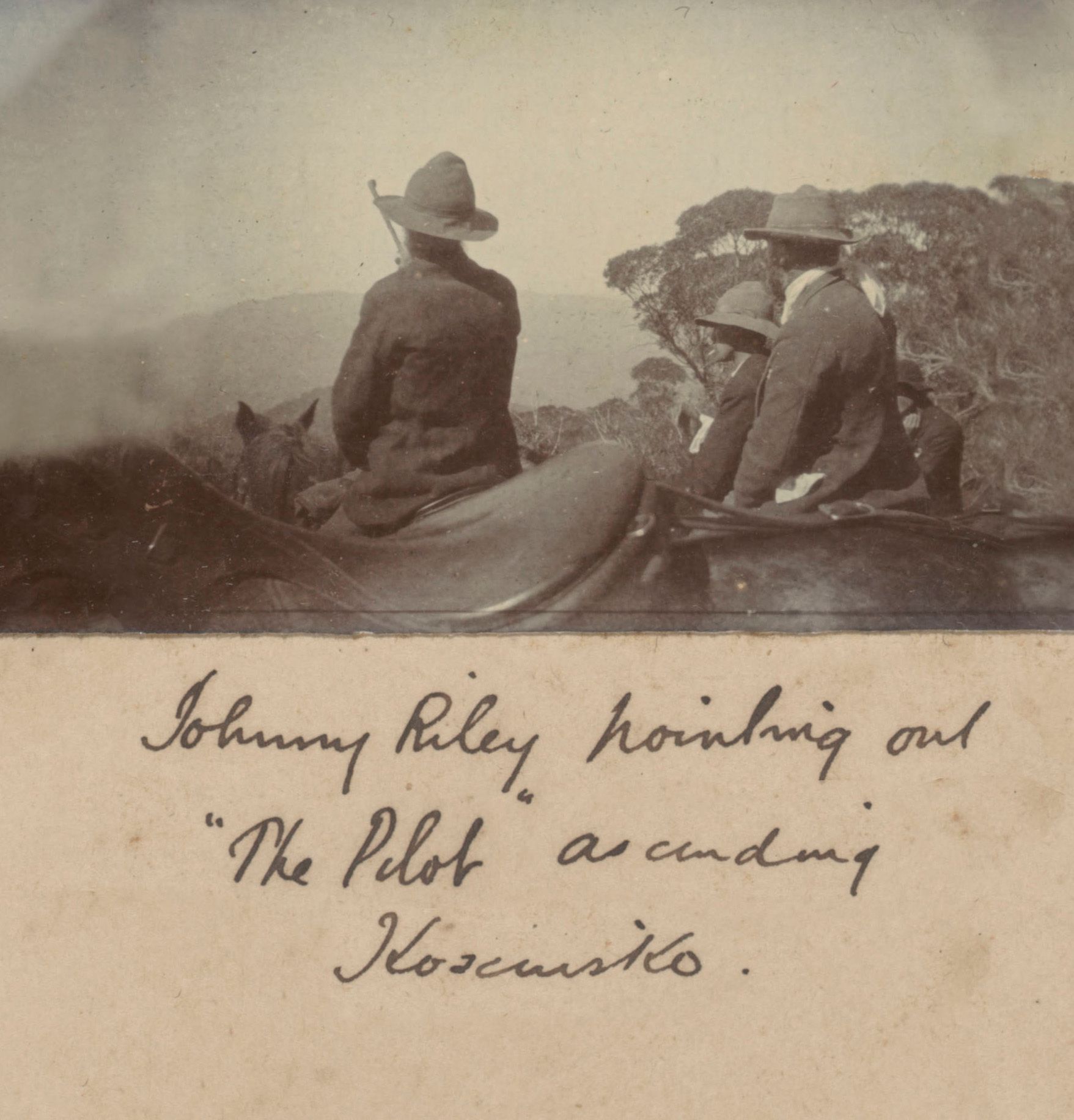 Johnny Riley pointing out 'the Pilot' ascending Kosciuszko'. New Banjo Paterson images and new photographs taken by Banjo himself reveal a great deal of new information – image courtesy of the NLA archives.