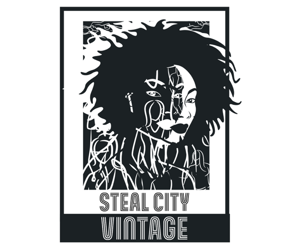 Black-and-white vintage poster with stylized portrait and text “STEEL CITY VINTAGE”
