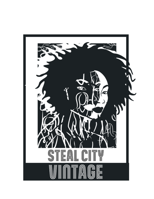 Black-and-white vintage poster with a stylized portrait and the text “STEAL CITY VINTAGE”