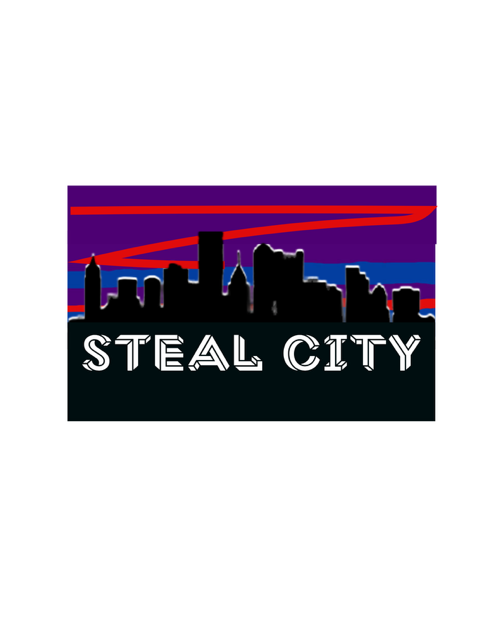 Purple-and-red city skyline logo with the words “STEAL CITY” at the bottom