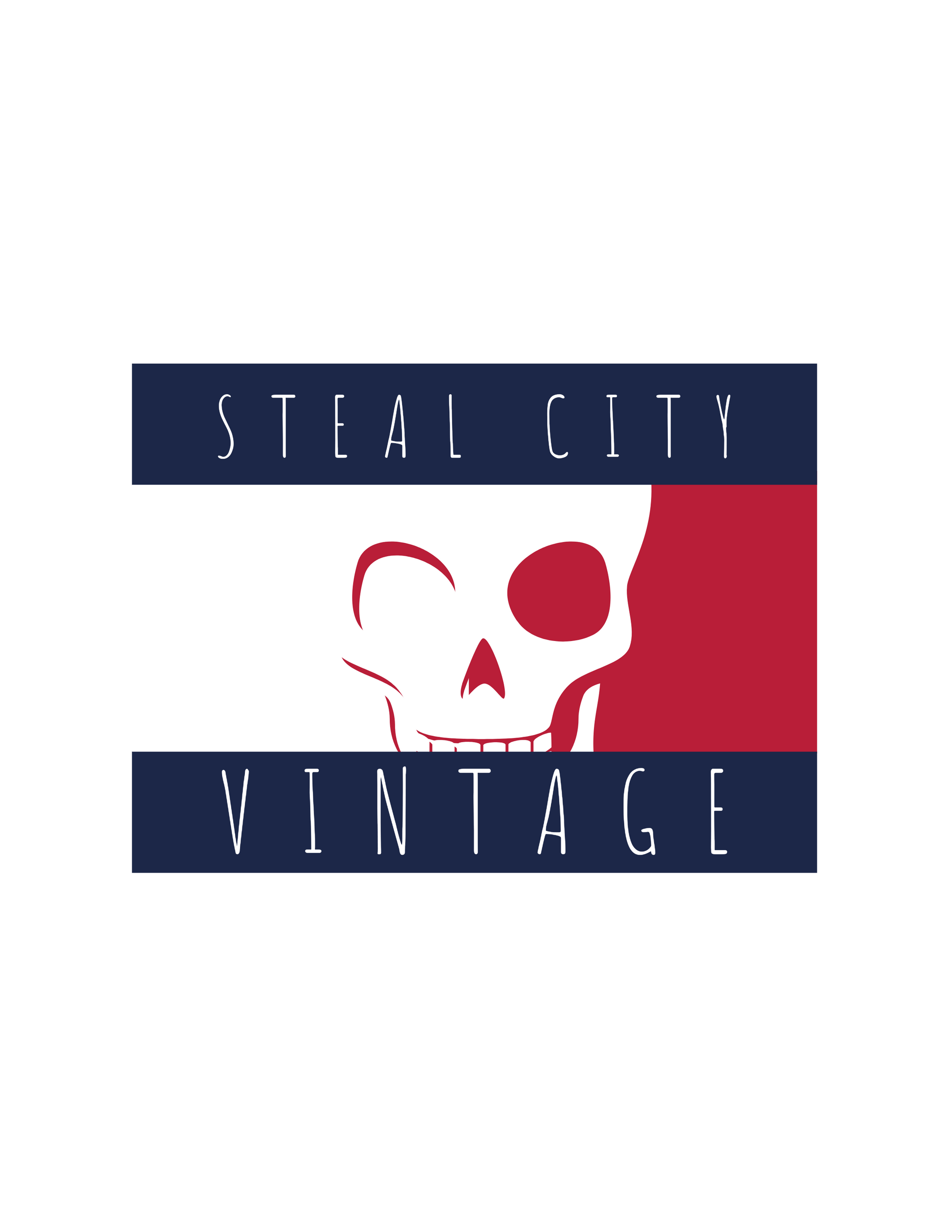Stylized logo with a red skull and navy bars reading “STEAL CITY VINTAGE.”