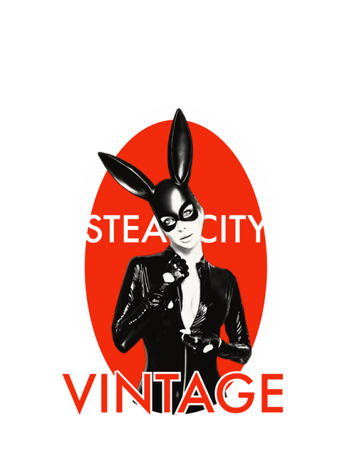 Black-and-white rabbit figure in a suit before a red oval with the words