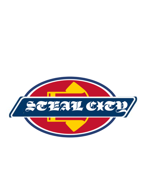 Steal City logo in white text on a blue banner over a red oval with yellow geometric accents.