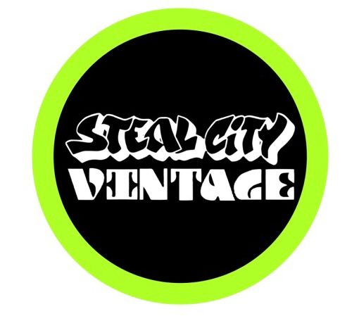 STEAL CITY VINTAGE logo in white on a black circle with a neon green ring