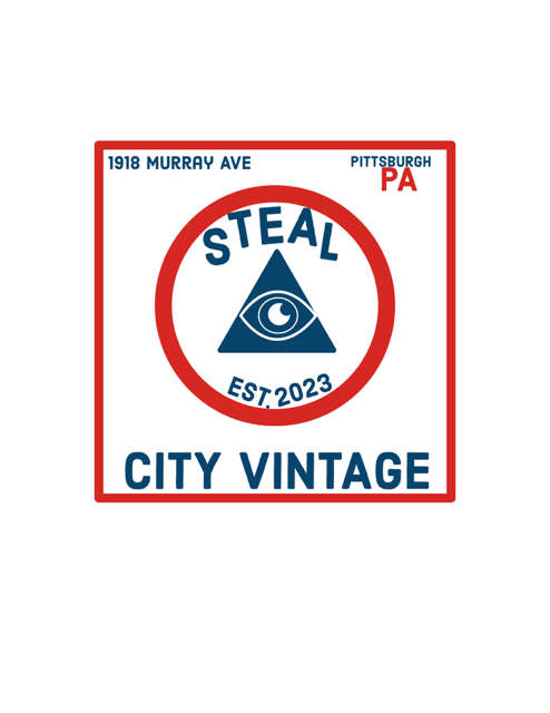 Steal City Vintage logo with red border, blue triangle eye, “1918 Murray Ave” and “Pittsburgh, PA” text