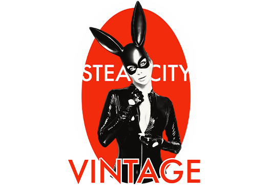 Black-and-white rabbit model over a red oval with “STEAL CITY VINTAGE” text.