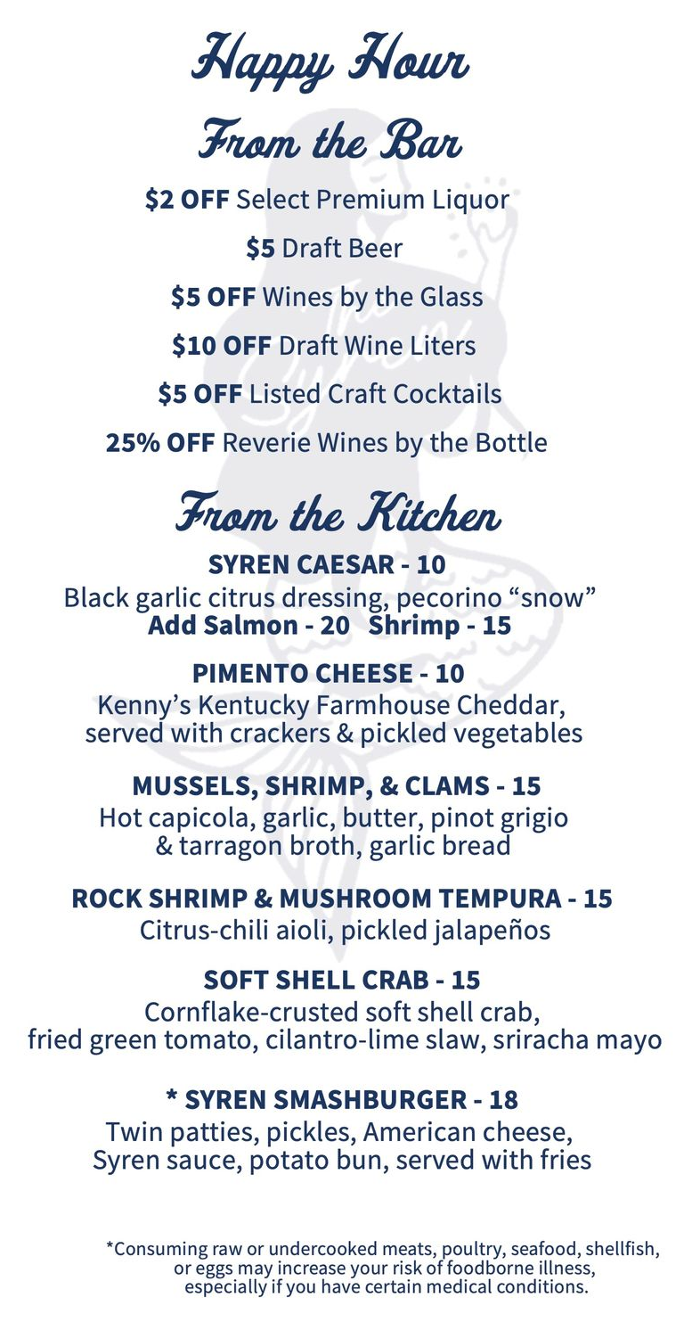Happy hour menu flyer with drink and appetizer specials, featuring cursive headings on a white background