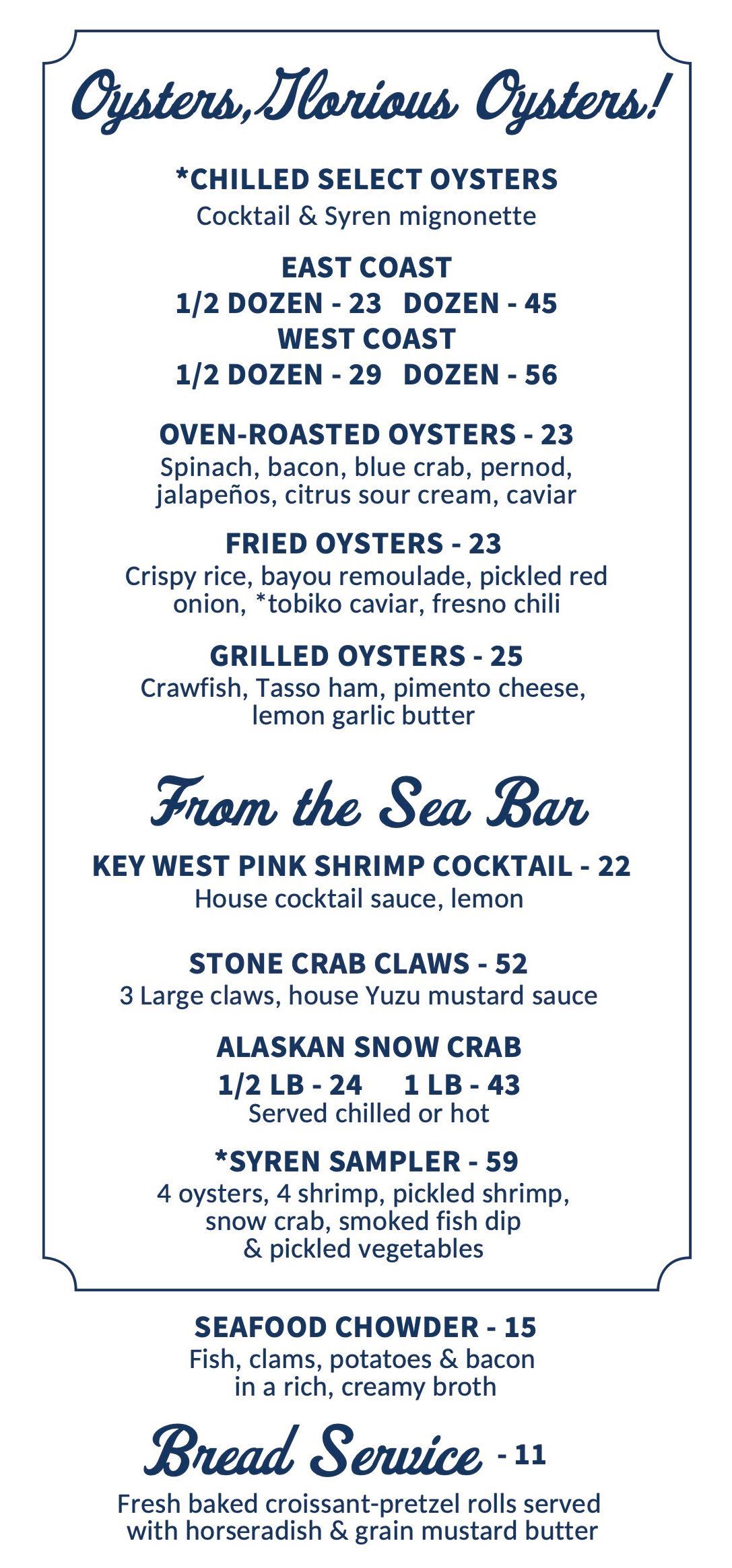 Vintage menu with elegant script and blue text, listing seafood dishes and prices on a white page.