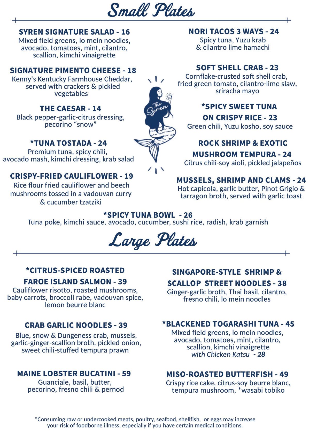 Restaurant menu with small plates and large plates sections, listing food items and prices