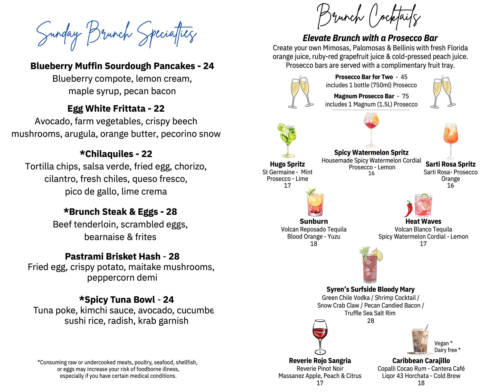Two-column food and drink guide with recipes and small illustrations on a white background