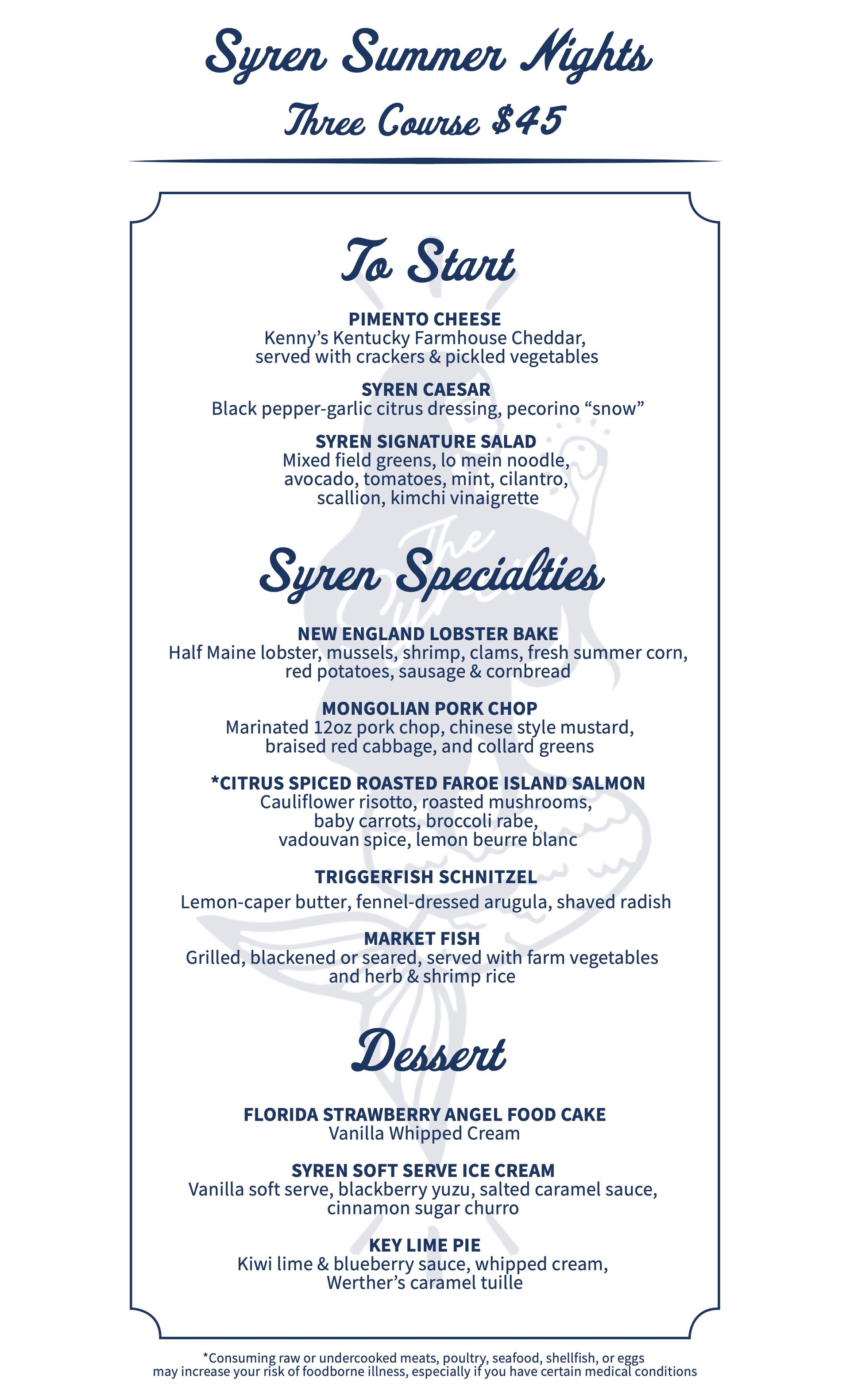 Syren Summer Nights Menu