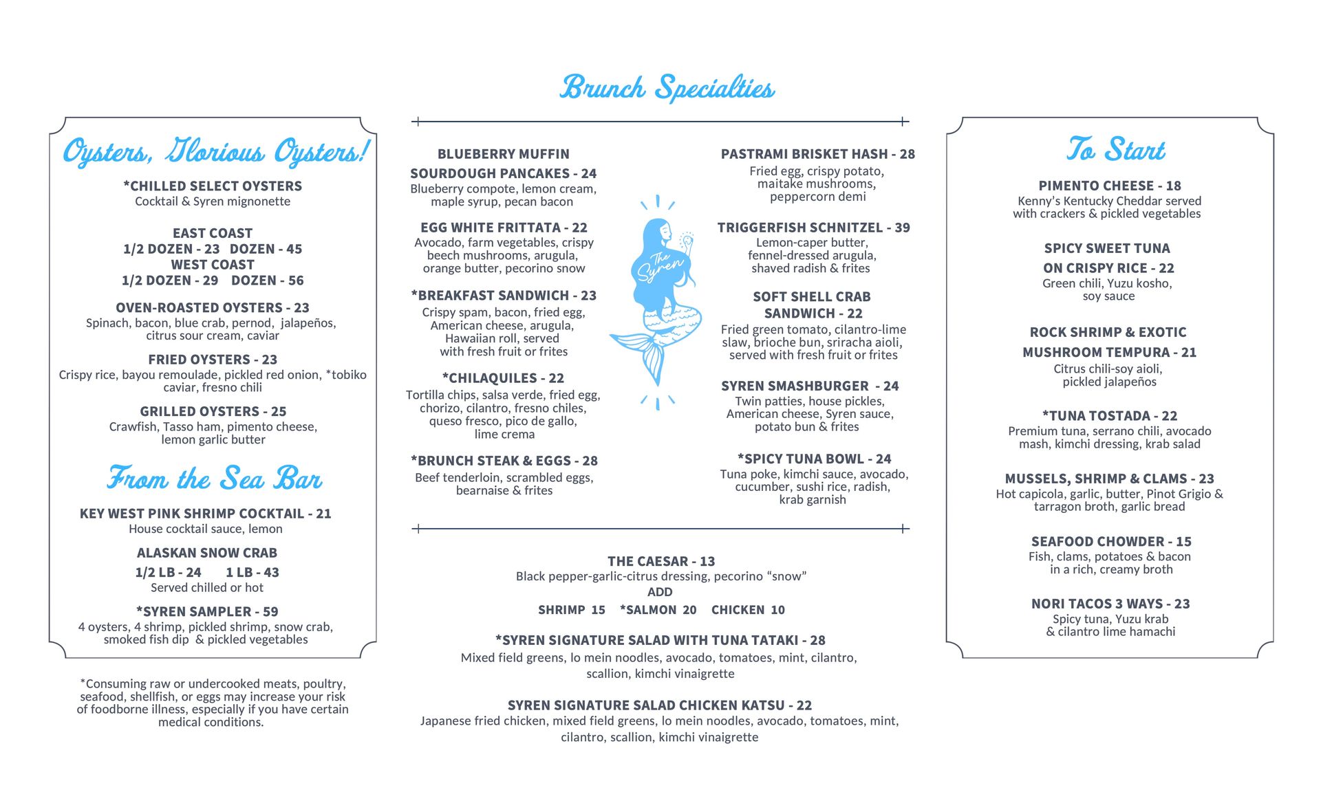 Syren Oyster & Bar Brunch Menu