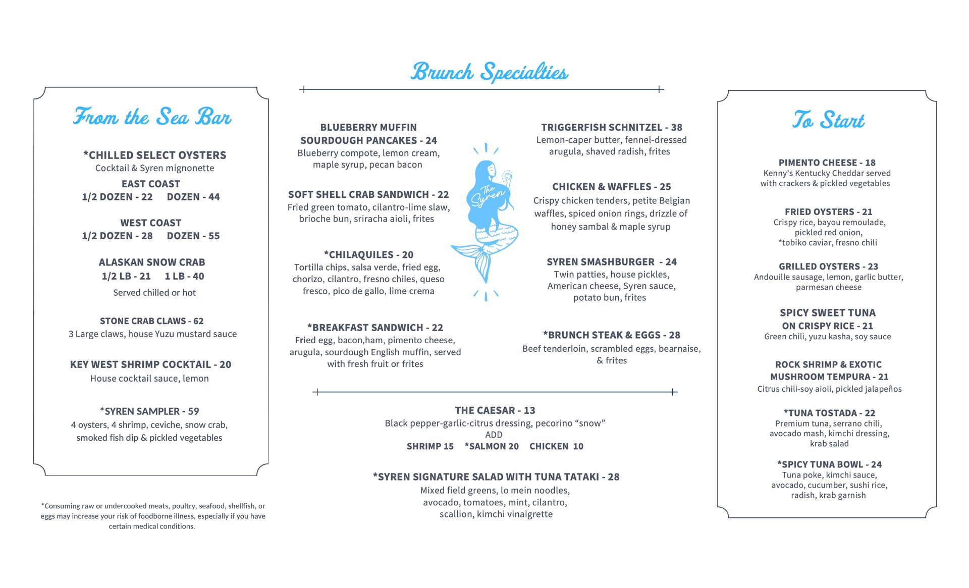 Syren Oyster & Bar Brunch Menu