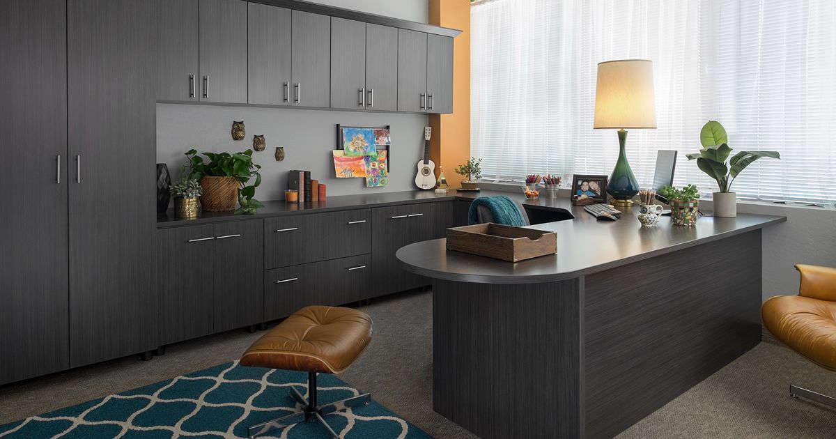 Gray office with cabinets, desk, plants, and chair. Bright window and orange wall.