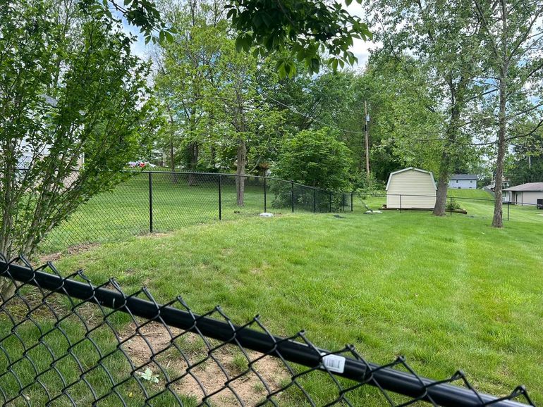 Chain-link fence overlooking a grassy yard with trees and a small shed in the background