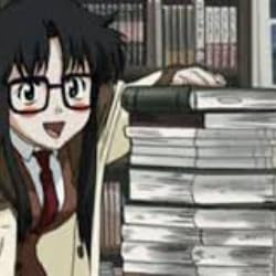 Anime girl with glasses peeking from behind a tall stack of books in a library.