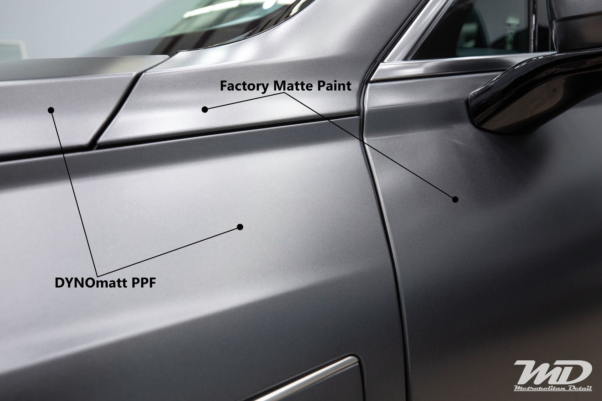 A close up of a car with factory matte paint on it