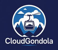 Cloud Gondola logo: Cable car with mountain backdrop in a blue and white circular design on a dark blue background.
