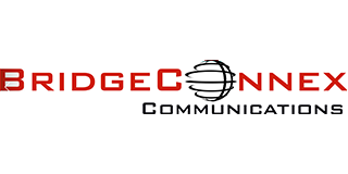 Logo for Bridgeconnex Communications, with red text and a globe graphic. Black