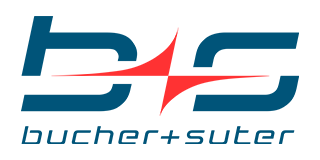 Logo for Bucher + Suter, featuring stylized blue initials