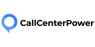 CallCenterPower logo: blue speech bubble with a circle inside, black text.