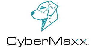 Logo of CyberMaxx, featuring a teal, geometric dog head above the text