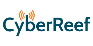Logo for CyberReef, text in teal with an orange signal icon above the letter