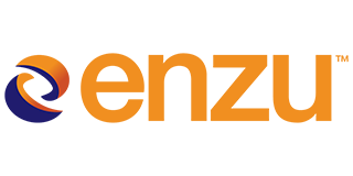 Enzu logo: orange text with abstract design on the left, blue and orange swirls.