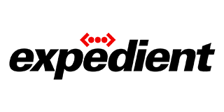 Expedient logo: black text with a stylized red arrow design above the word
