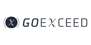 Logo for Go Exceed; dark blue circle with a stylized